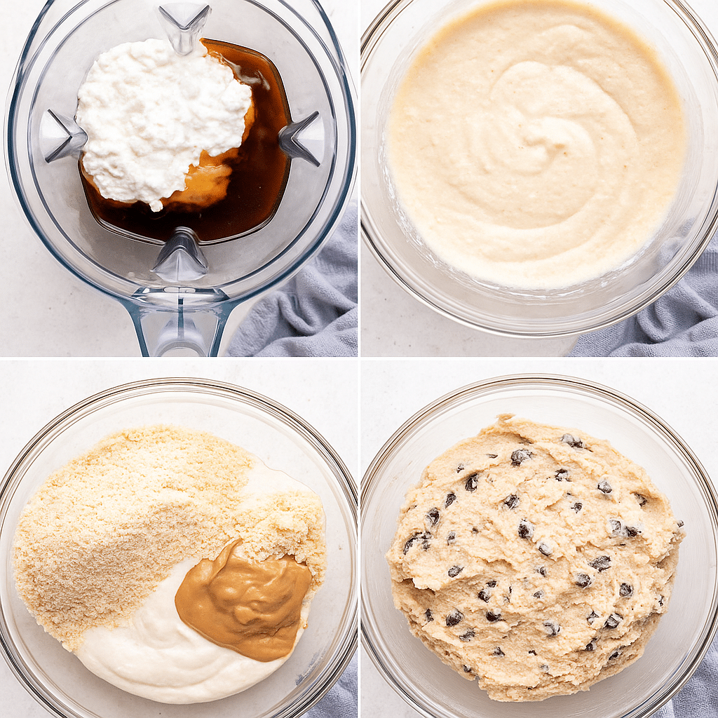 Four-step photo collage showing the process of making cottage cheese cookie dough, from blending wet ingredients to mixing with almond flour and chocolate chips