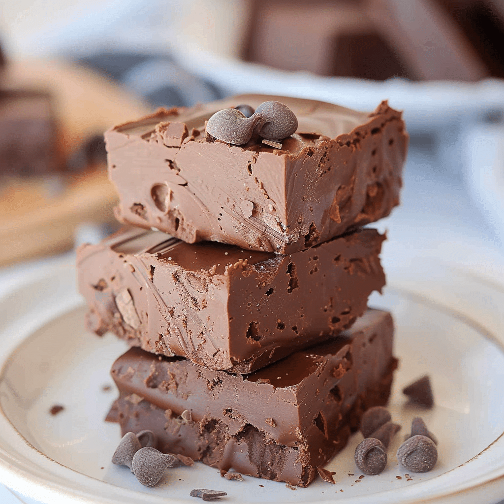 Cottage Cheese Fudge: The Best Creamy, High-Protein Dessert You’ll Love 8 Stacked cottage cheese fudge squares topped with chocolate chips on a white plate