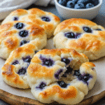 Blueberry Fluffy Cottage Cheese Cloud Bread – Soft, Sweet & Easy 5 Freshly baked blueberry fluffy cottage cheese cloud bread stacked on a wooden board