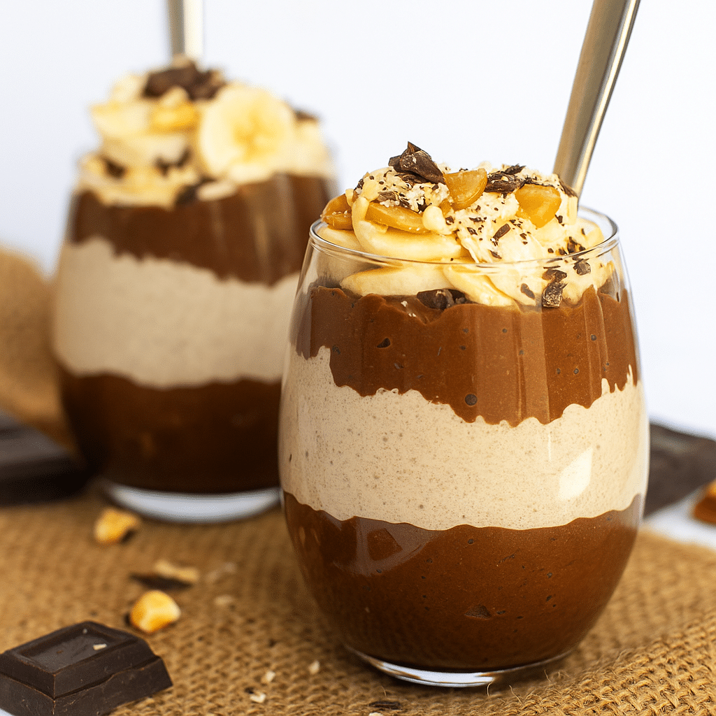 Layered chocolate peanut butter protein chia pudding in a glass topped with banana slices, crushed peanuts, and dark chocolate
