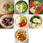 Colorful cottage cheese breakfast bowls including sweet and savory toppings like berries, nuts, eggs, avocado, and cucumber – high-protein and low-carb breakfast ideas.