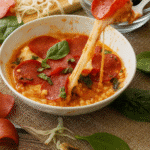 Cottage cheese pizza bowl with melted mozzarella and pepperoni in a white dish