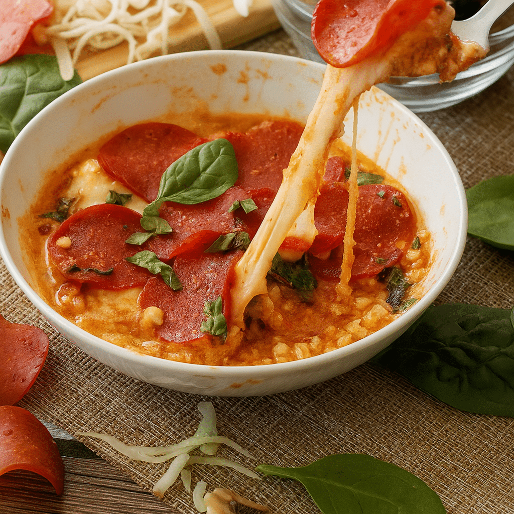 Cottage Cheese Pizza Bowl – Easy, High-Protein & Viral Recipe 7 Cottage cheese pizza bowl with melted mozzarella and pepperoni in a white dish