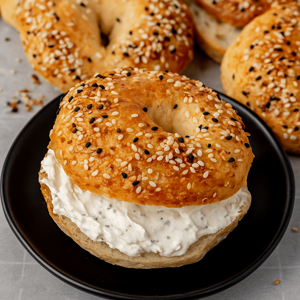 cottage cheese protein bagel recipe with creamy filling on black plate