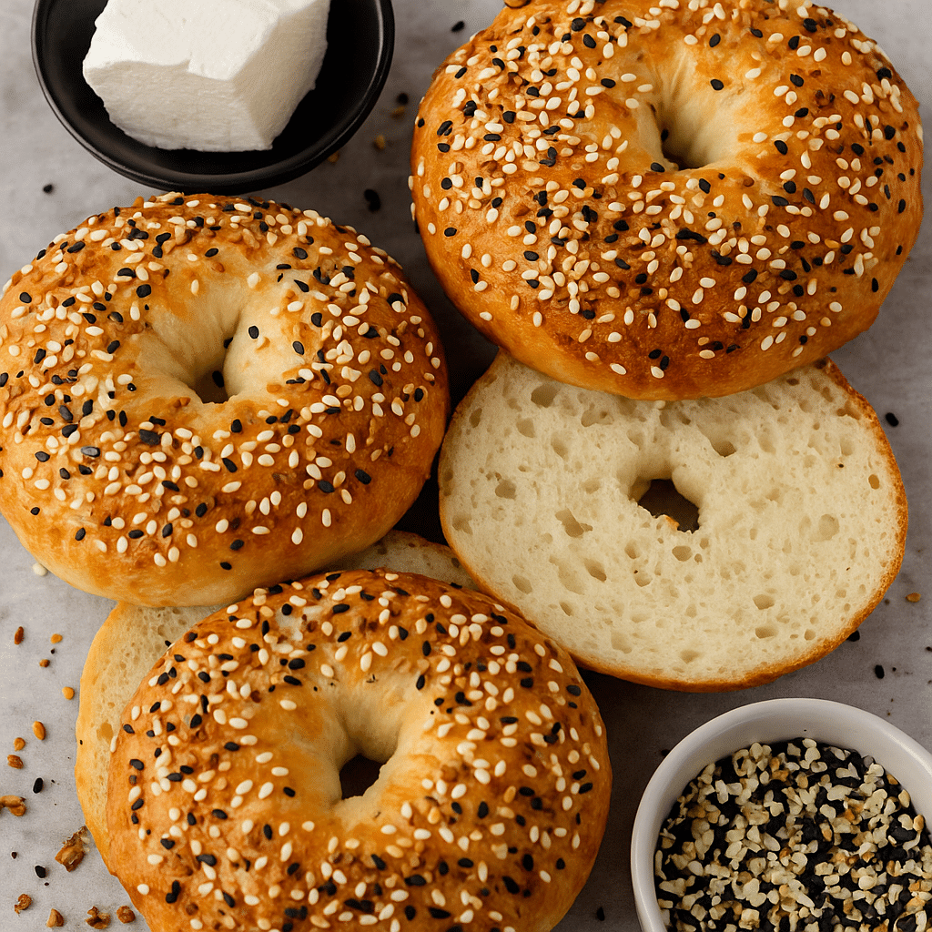 cottage cheese protein bagel recipe topped with sesame and seasoning