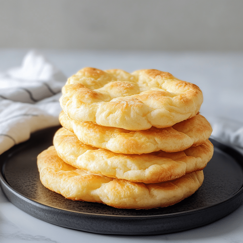 Fluffy Cottage Cheese Cloud Bread – The Best Low-Carb Delight 6 Stacked fluffy cottage cheese cloud bread on a dark plate