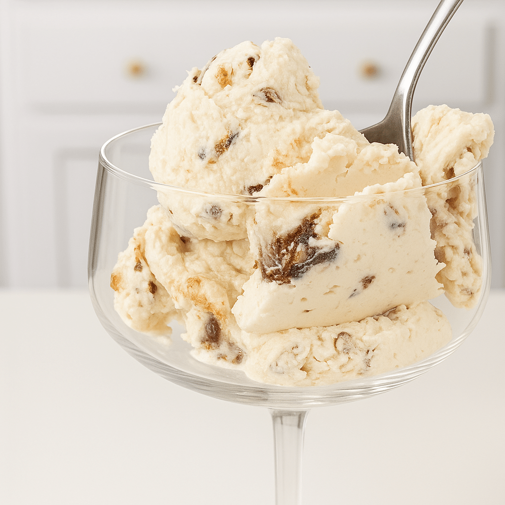 High protein salted caramel ice cream recipe in a dessert glass with visible caramel chunks