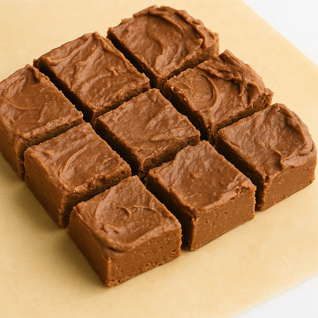 Keto Cottage Cheese Fudge – The Low-Carb Treat You’ll Love 4 Keto cottage cheese fudge squares arranged in a grid on parchment paper