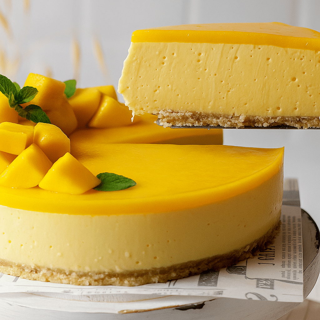 Whole mango protein cheesecake topped with mango chunks and mint leaves