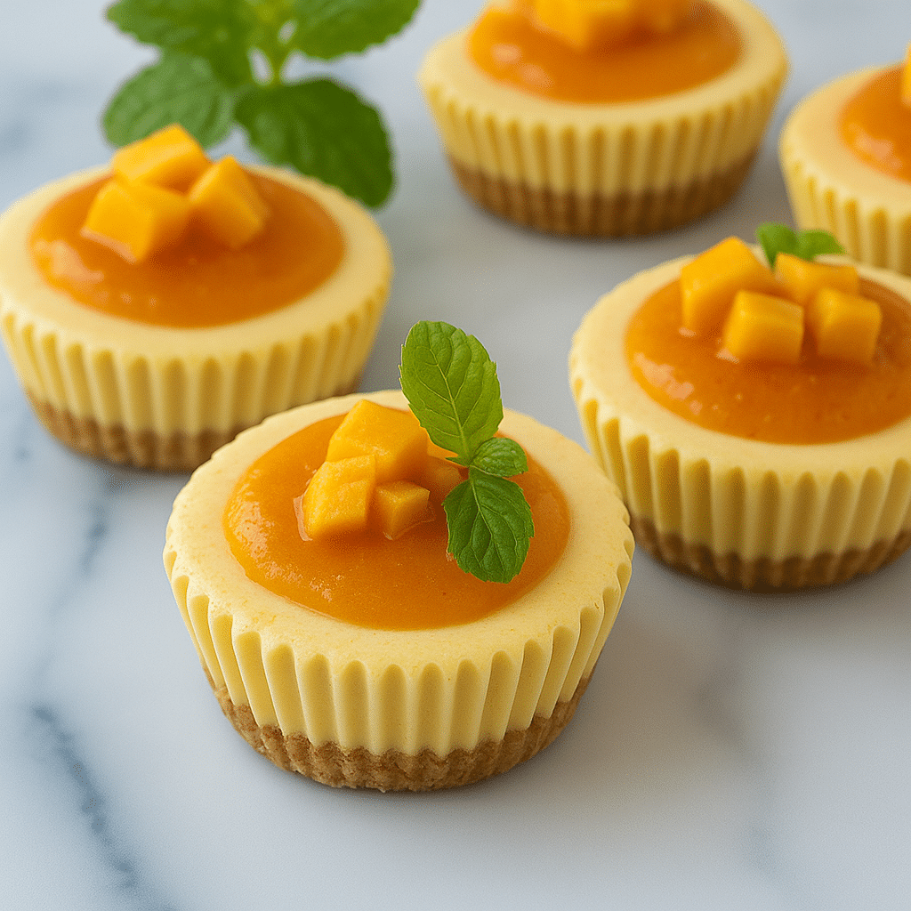 Mango protein mini cheesecakes made with Greek yogurt, topped with mango cubes and mint leaves.