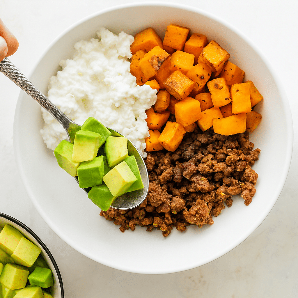 Adding avocado to a bowl of sweet potato, ground beef, and cottage cheese