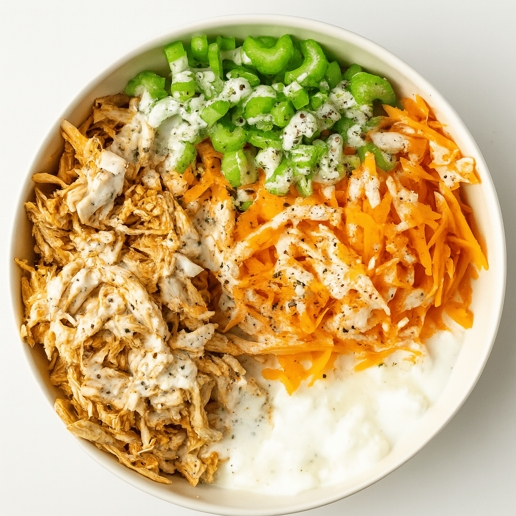 Buffalo Chicken Cottage Cheese Bowl: High-Protein, Easy & Viral Recipe 4 High-protein buffalo chicken cottage cheese bowl with shredded carrots and celery