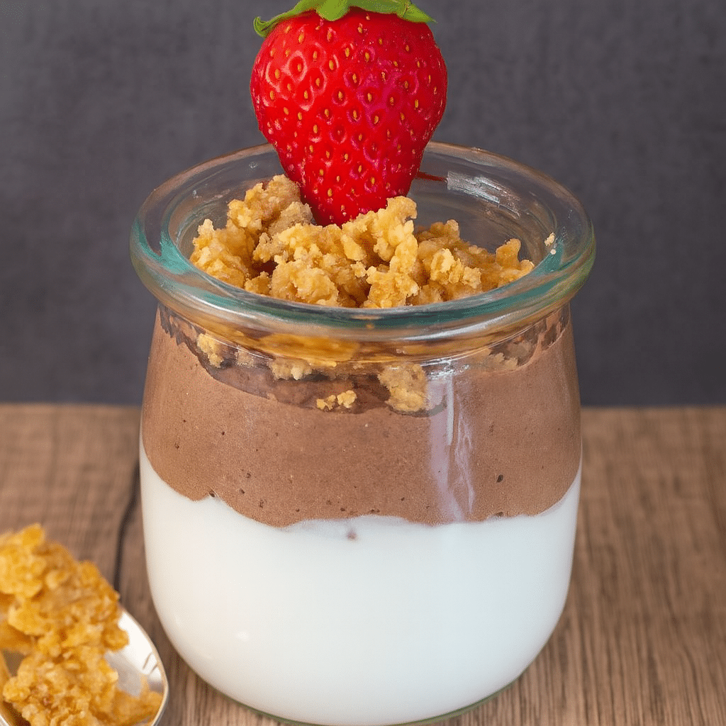 Chocolate Cottage Cheese Chia Pudding – High Protein & Easy 4 Layered chocolate cottage cheese chia pudding in a glass jar topped with crispy crumble and a fresh strawberry