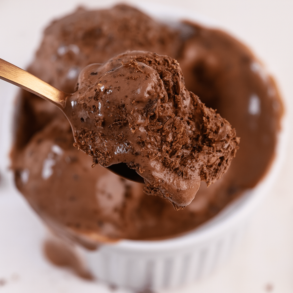 Spoonful of creamy chocolate cottage cheese ice cream showing rich texture and smoothness
