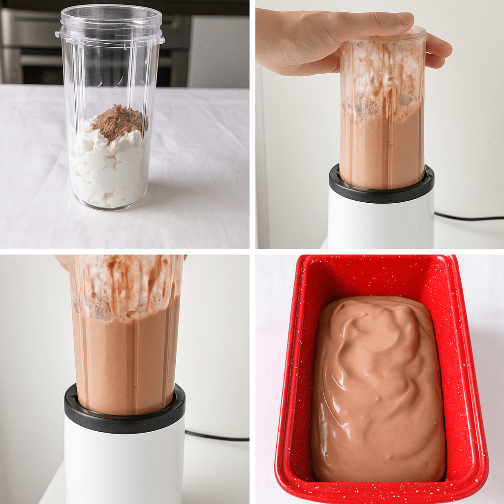 Step-by-step process of making chocolate cottage cheese ice cream with cocoa and cottage cheese in a blender, shown from mixing to freezing