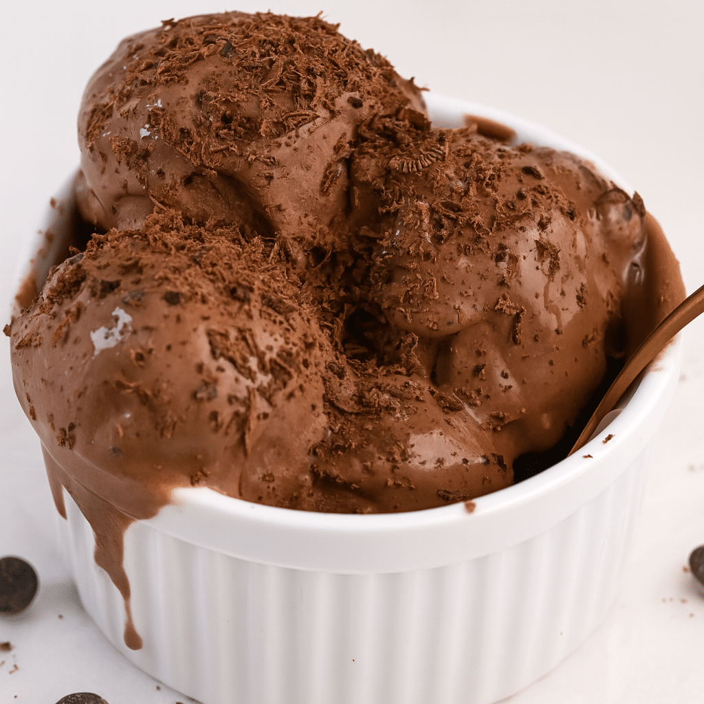 Chocolate Cottage Cheese Ice Cream – Easy & Irresistibly Healthy 6 Creamy chocolate cottage cheese ice cream in a white bowl topped with shaved chocolate