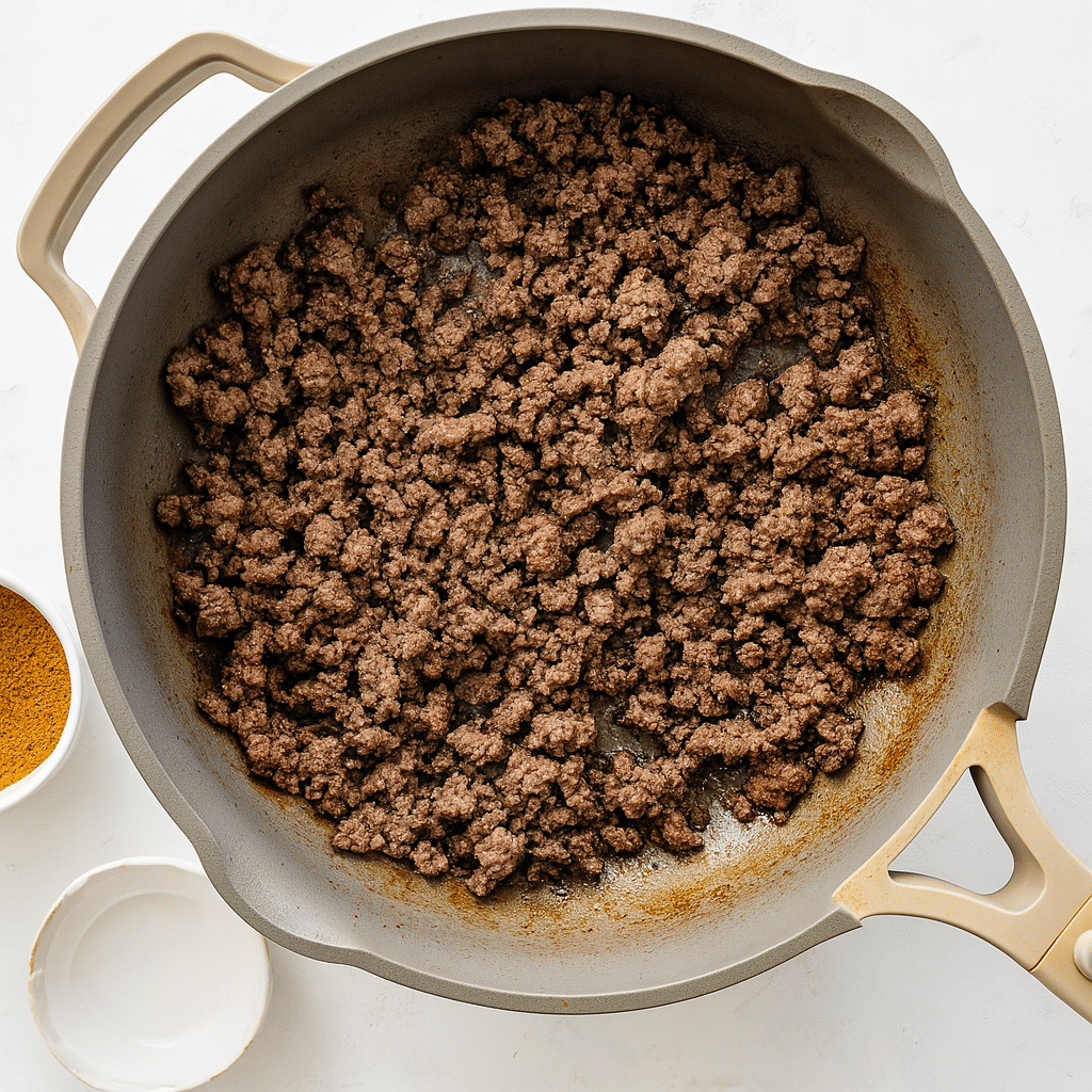 Skillet with browned ground beef ready for taco seasoning