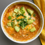 Cottage cheese enchilada bowl topped with melted cheese, avocado, and herbs in a white bowl