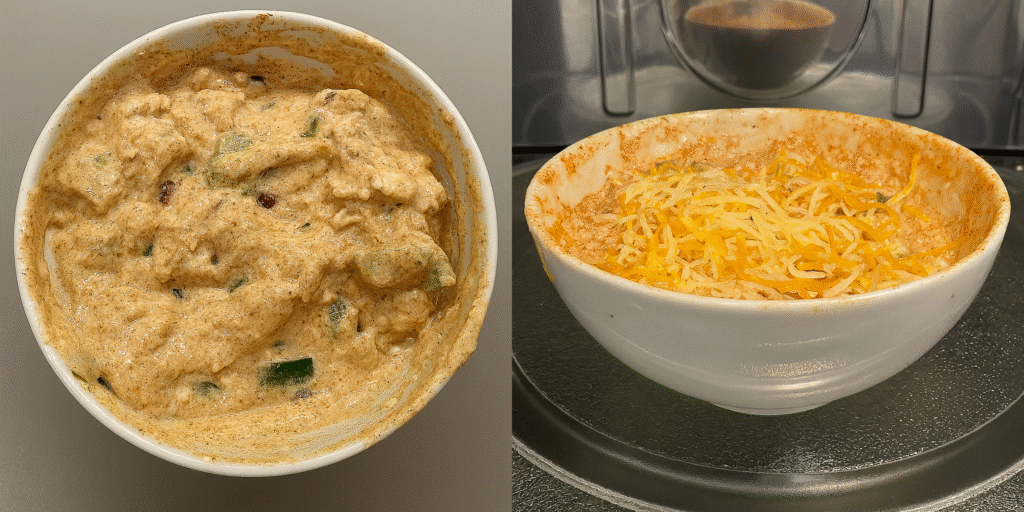 Before and after microwaving a cottage cheese enchilada bowl with shredded cheese