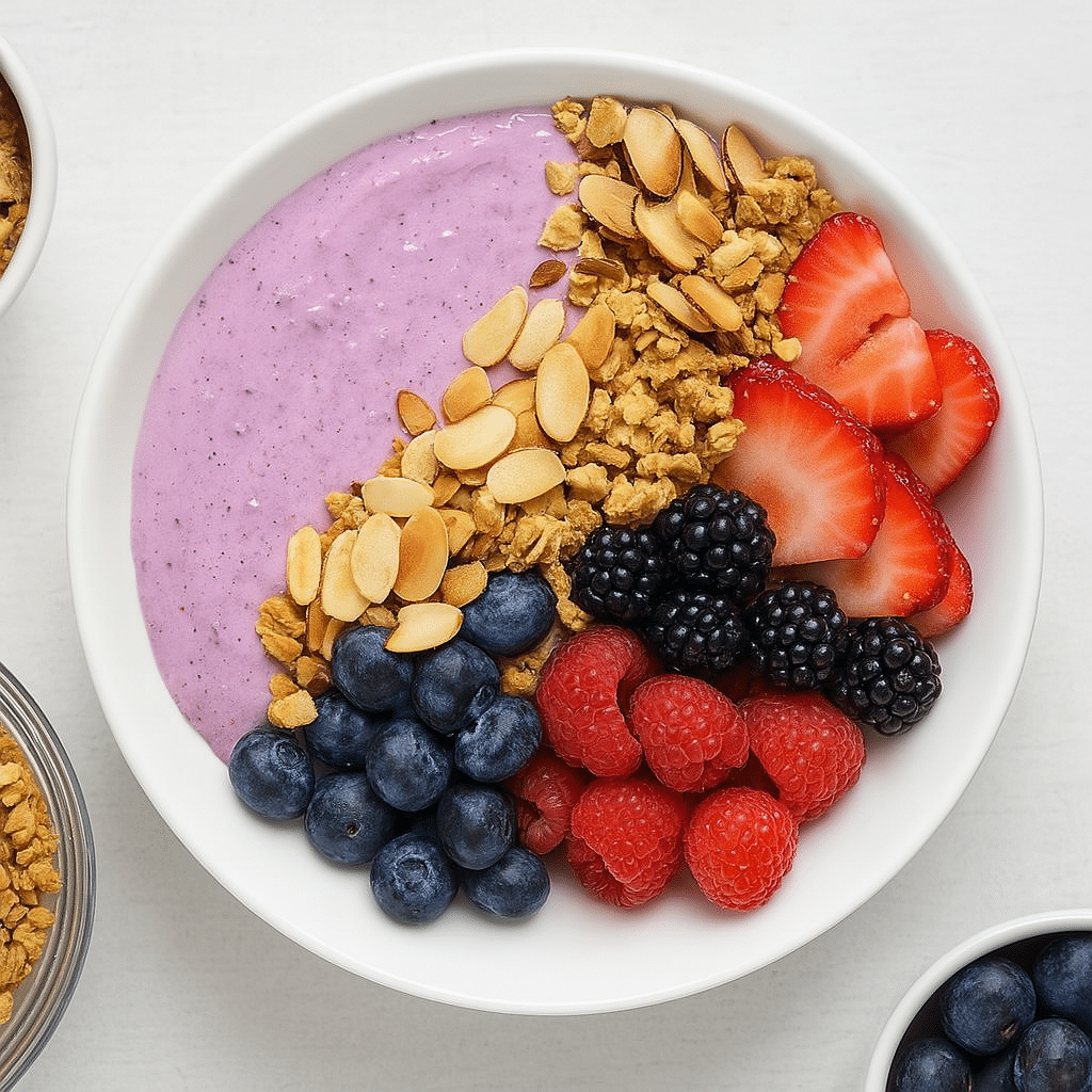 Cottage Cheese Smoothie Bowl – Easy, Creamy, & High-Protein Ideas 8 Berry vanilla cottage cheese smoothie bowl topped with strawberries, blackberries, blueberries, raspberries, almonds, and granola