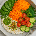cottage cheese veggie bowl with cherry tomatoes, cucumbers, carrots, spinach, broccoli, and pesto