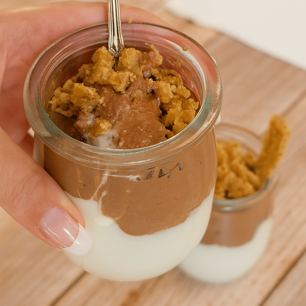 Chocolate Cottage Cheese Chia Pudding – High Protein & Easy 6 Hand holding a glass jar of chocolate cottage cheese chia pudding with creamy texture and crunchy topping