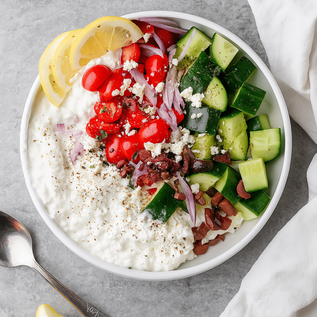 Top view of a Greek salad cottage cheese bowl with cucumbers, cherry tomatoes, red onions, feta, olives, and creamy cottage cheese