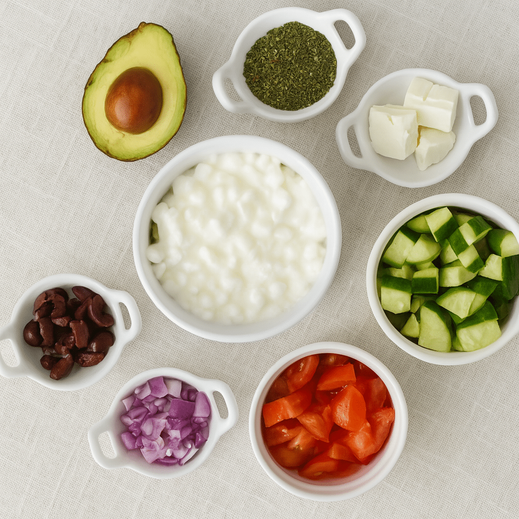 Greek salad cottage cheese bowl ingredients with optional avocado and fresh vegetables