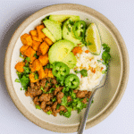 Hot honey cottage cheese bowl with sweet potatoes, ground beef, jalapeños, and avocado