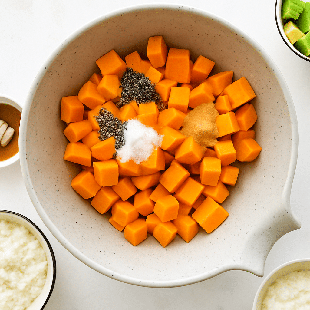 Bowl of cubed sweet potatoes with salt, pepper, garlic powder, and oil ready for roasting