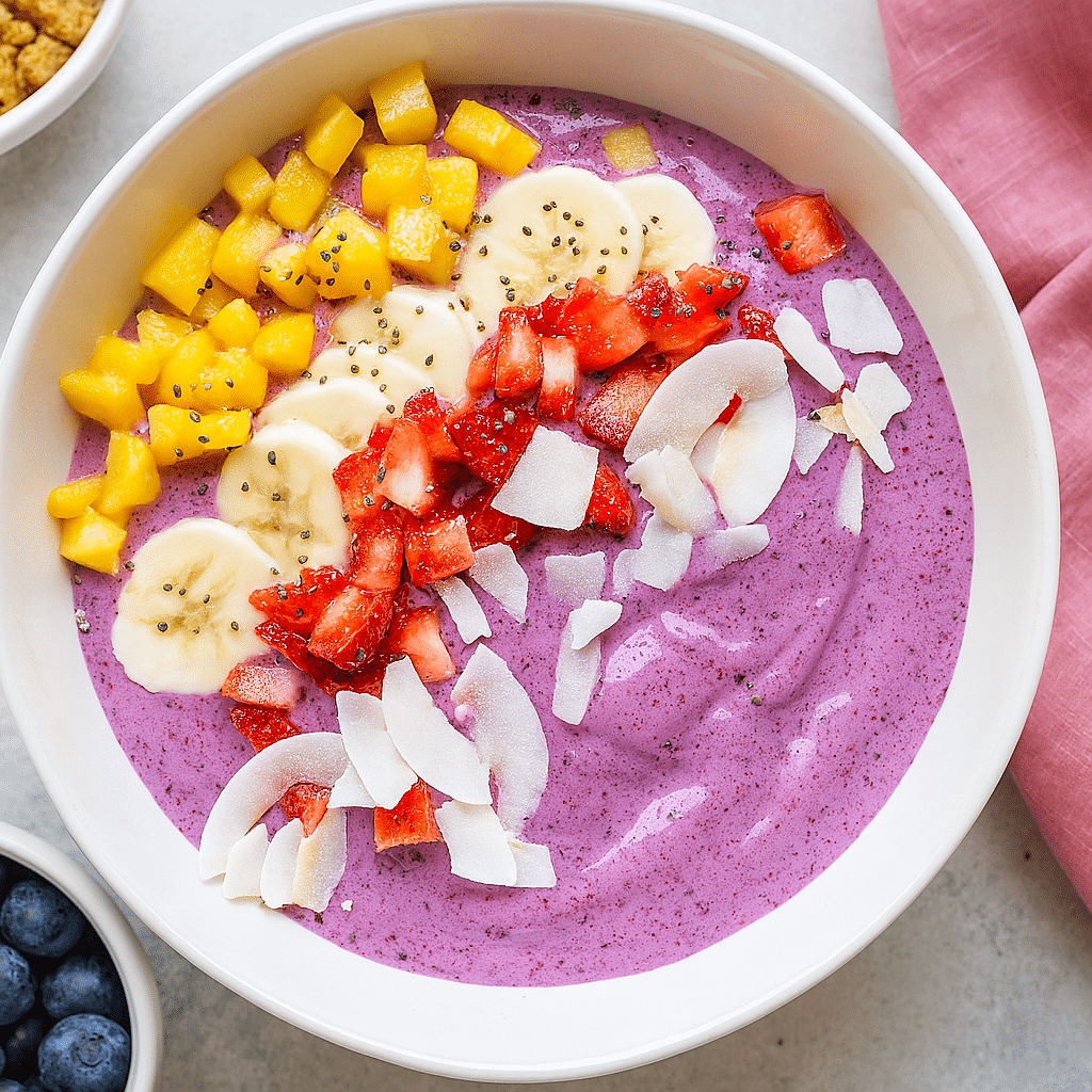 Tropical cottage cheese smoothie bowl with banana, mango, strawberries, coconut flakes, and chia seeds