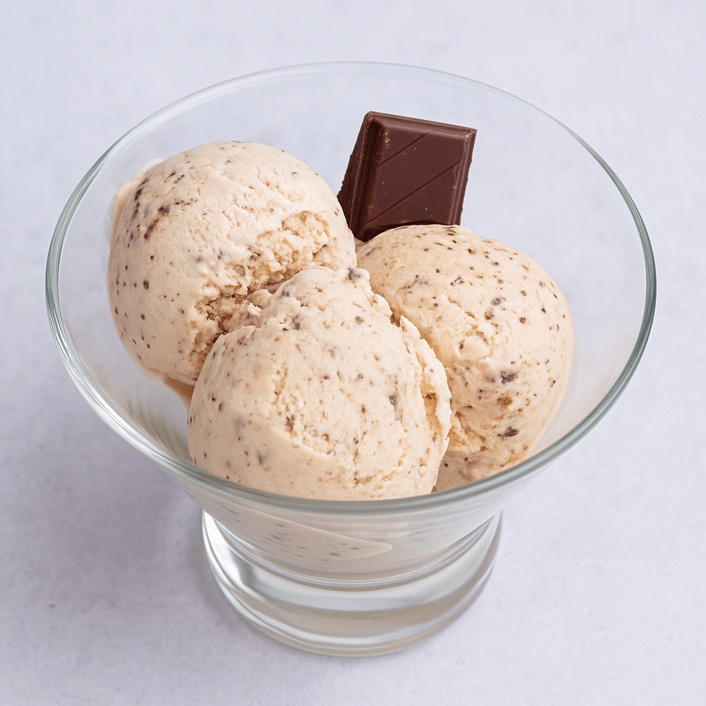 Keto Cottage Cheese Ice Cream – The Best High-Protein, Low-Carb Dessert 6 Chocolate keto cottage cheese ice cream served with a dark chocolate square in a glass dish