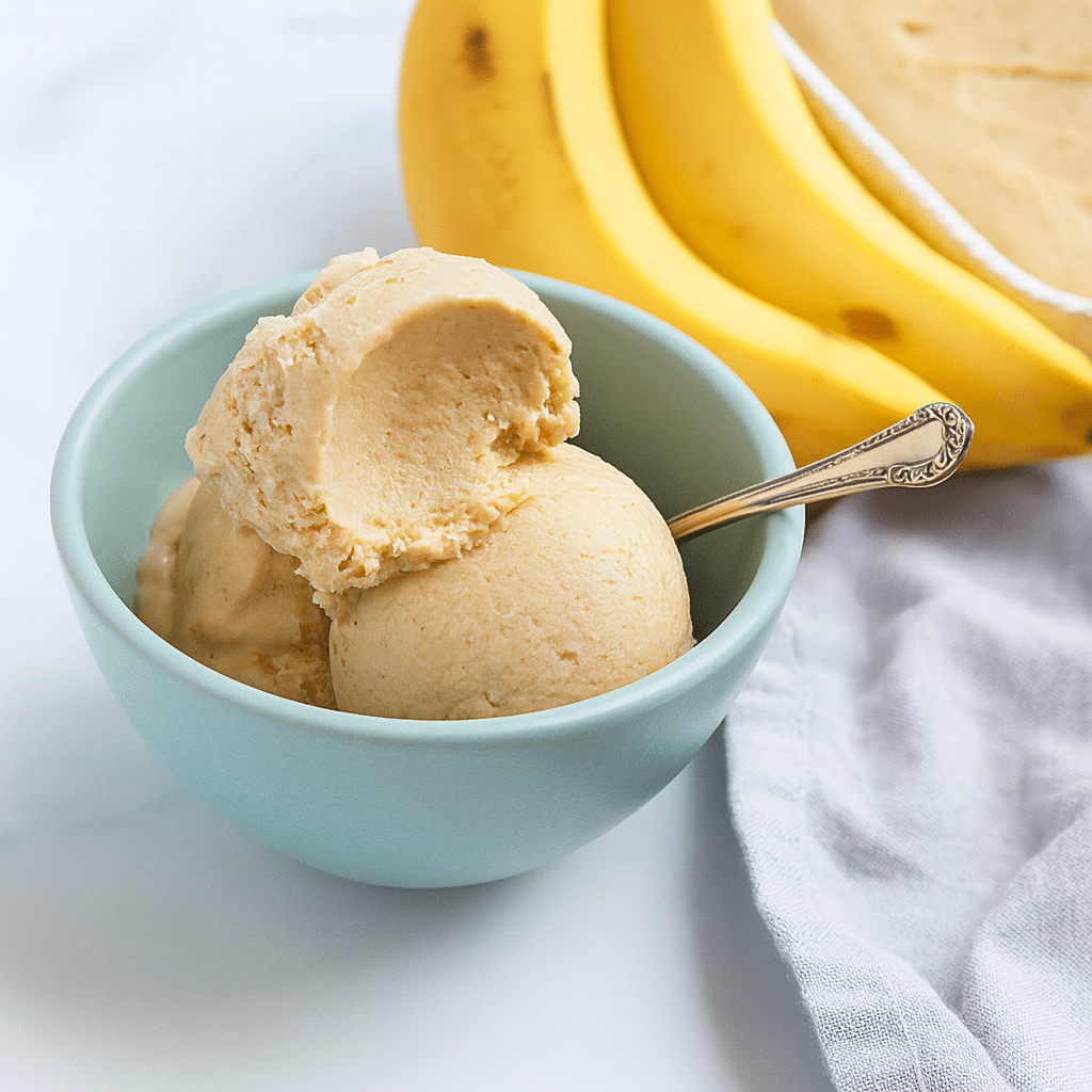 Bowl of Ninja Creami cottage cheese ice cream with banana and peanut butter flavor