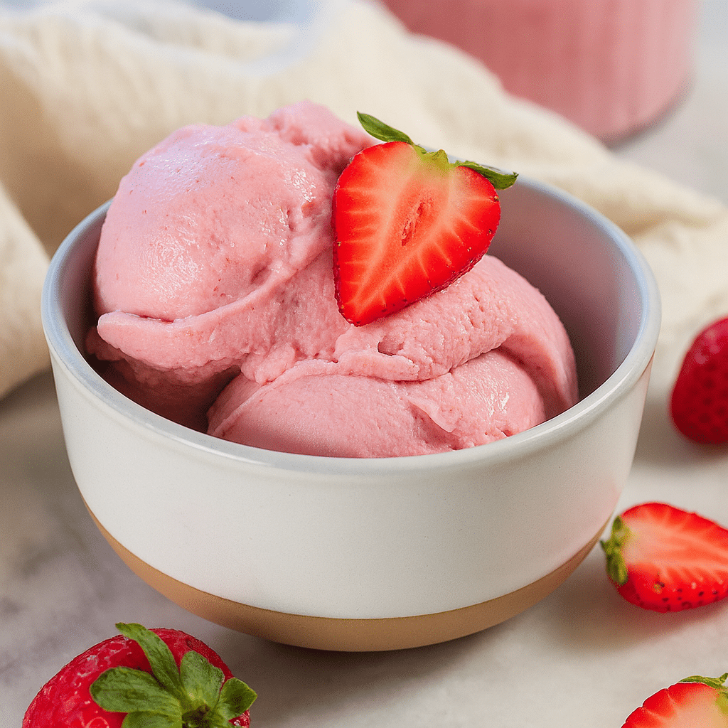 Creamy strawberry cottage cheese ice cream made in Ninja Creami served in a white bowl with fresh strawberries