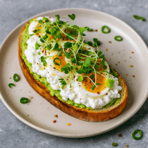 Avocado cottage cheese toast with boiled egg and fresh greens on sourdough bread, high-protein breakfast