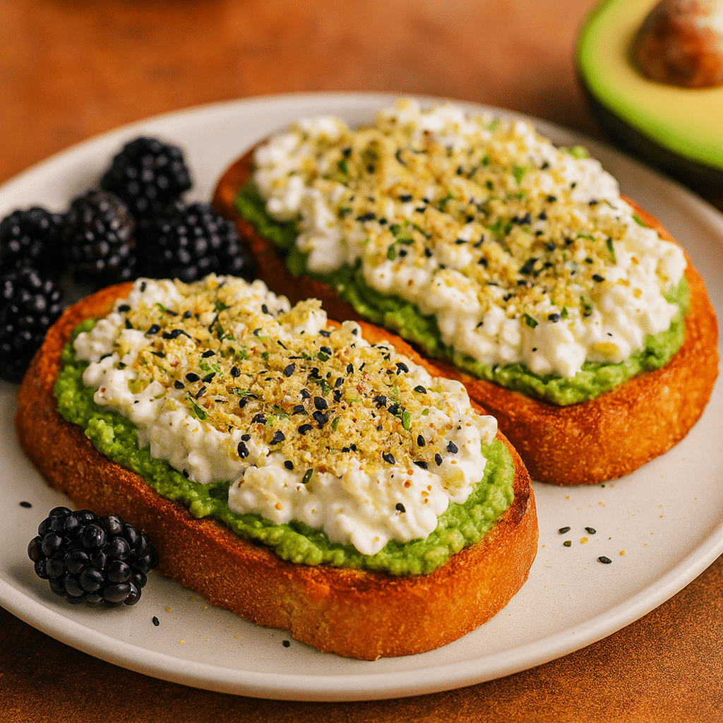 Avocado cottage cheese toast with seasoning and blackberries on the side, a healthy sweet and savory variation