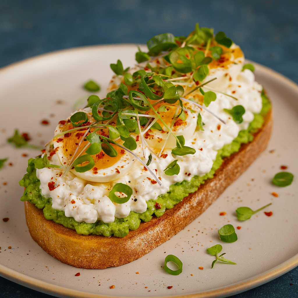 Avocado cottage cheese toast with boiled egg, microgreens, and spices on sourdough bread, high-protein meal