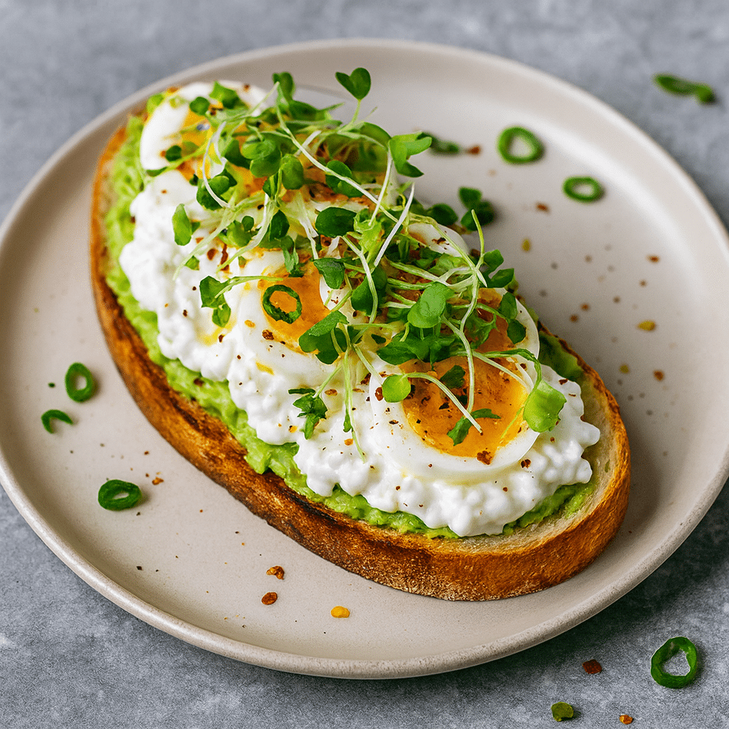 Avocado Cottage Cheese Toast: The High-Protein Breakfast Upgrade 1 Avocado cottage cheese toast with boiled egg and fresh greens on sourdough bread, high-protein breakfast
