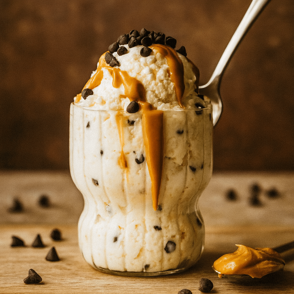Cottage cheese ice cream with peanut butter drizzle and chocolate chips