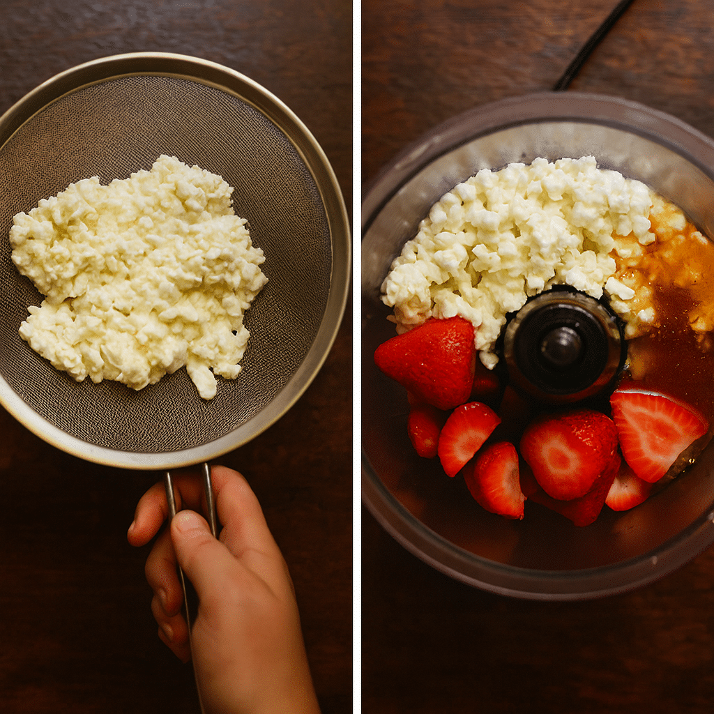 Cottage cheese, strawberries, and honey prepared for strawberry cottage cheese ice cream