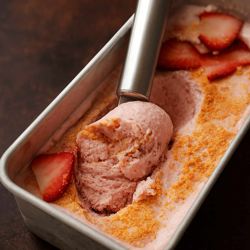 Strawberry Cottage Cheese Ice Cream being scooped from a freezer pan