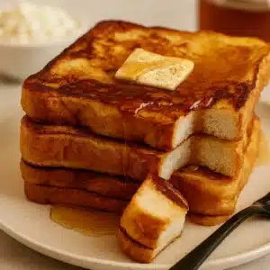 Cottage cheese French toast stack with melted butter and maple syrup
