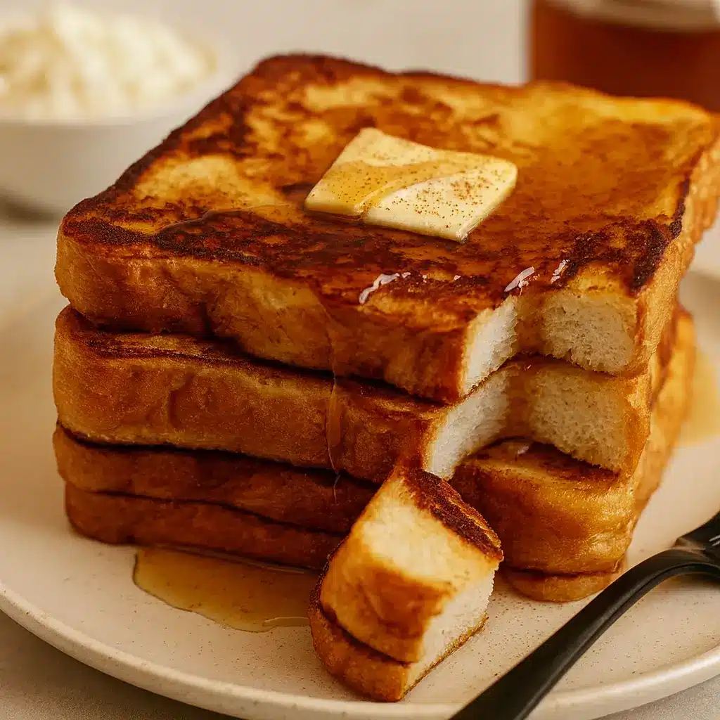 Cottage cheese French toast stack with melted butter and maple syrup